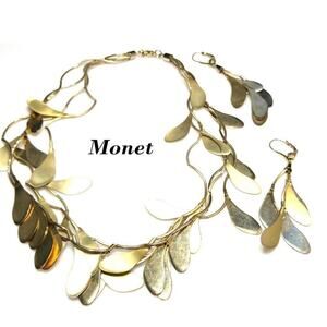 Vintage Monet Three Strand Dangle Necklace Earrings Set, Gold Tone, 1990s